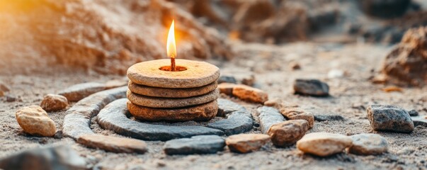 Discover a tranquil and spiritual representation of a ritualistic circle of stones and offerings around a memorial, captured beautifully in this image The candle's warm light illuminates the scene