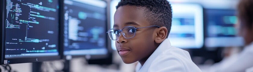 Engage in future education with students working on digital devices in a classroom, showcasing technology-enhanced learning and growth These young learners explore coding, software, and innovation