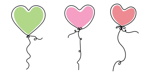 Fototapete - Heart shaped balloon. Continuous drawing line art style. Simple minimal sketch flat design. Symbol of love, Continuous Line Drawing of Party Balloon Icon. Hand Drawn Symbol Vector Illustration.