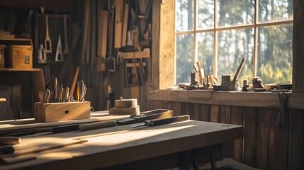Poster - A tranquil woodworking workshop in a rustic barn, Tools and timber set for craftsmanship, Rustic artisan style