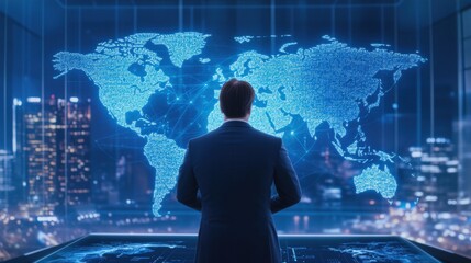 Poster - Global Visionary: A businessman stands before a futuristic world map, contemplating global strategy and international expansion. The image evokes ambition, innovation.