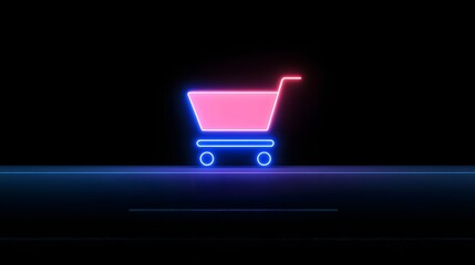 Neon Shopping Cart Icon Glows Brightly In Dark Space