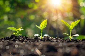 Wall Mural - Seedlings growing from fertile soil represent new life, growth, and potential, bathed in the warm glow of sunlight