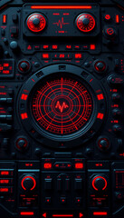Futuristic control panel with glowing red interface, advanced technology concept