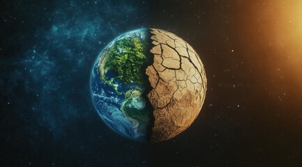 Wall Mural - the earth with a dry desert on one side and lush greenery on the other, half of the earth is cracked