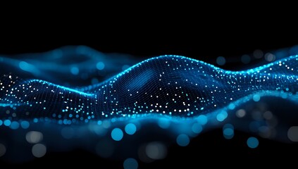 Poster - Abstract Blue Particle Waves Flowing Dynamically Across Dark Background, Creating a Mesmerizing Visual Experience.