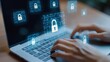 © Thitiporn - Cybersecurity Expert Working on Laptop:  A close-up shot of hands typing on a laptop with digital lock icons floating above, symbolizing online security and data protection.