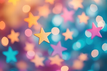 Wall Mural - colorful bokeh background with festive stars, centered composition, soft studio lighting with a playful tone