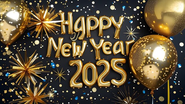 Gold Happy New Year 2025 message balloons on a black background with decoration party. symbolizes the start of the new year.