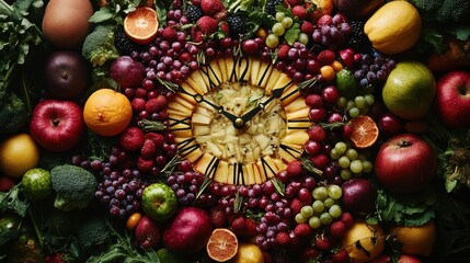 Wall Mural - Clock made of fruits and vegetables showing time of 23 hours 55 minutes, time for new year resolutions