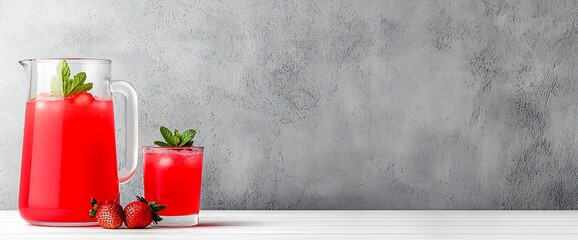 Wall Mural - Refreshing strawberry drink in a pitcher and glass against a gray background.