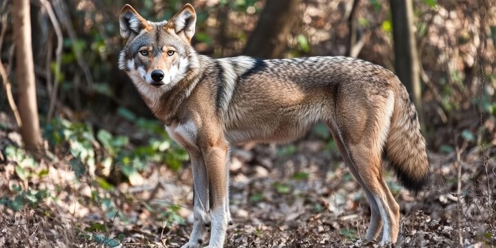 A coyote stands alert in a forested area, showcasing its natural habitat.