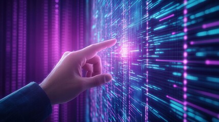 Aufkleber - Digital Innovation: A hand reaches out to touch a futuristic, vibrant digital interface, showcasing technological advancement and innovation.