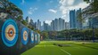© ArpPSIqee - A vibrant archery range in a bustling urban park, Archery equipment ready amidst cityscape, Urban sport style