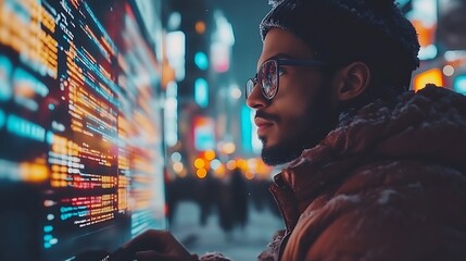 Man reviewing code on a large screen at night.