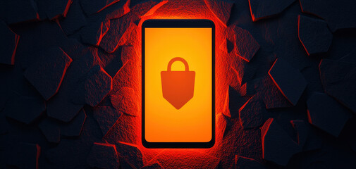 Fototapete - A smartphone displaying a lock symbol, illuminated against a cracked, dark background, symbolizing security and protection.