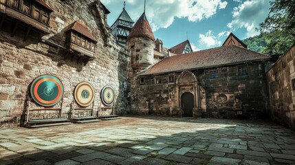 Poster - A vibrant archery range in a historical castle courtyard, Archery gear set amidst medieval architecture, Castle elegance style
