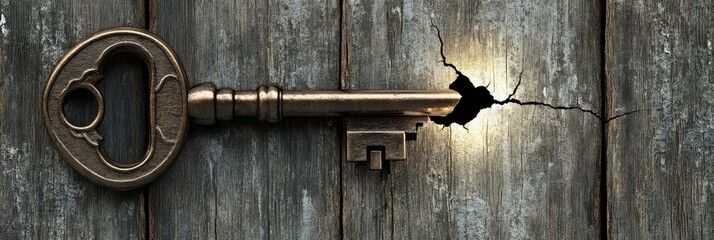 A vintage key rests on weathered wood, illuminating a crack, symbolizing discovery or secrets.