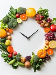 Wall Mural - Fresh ripe fruits and vegetables in shape of clock showing time of 23 hours 55 minutes, concept of new years resolutions