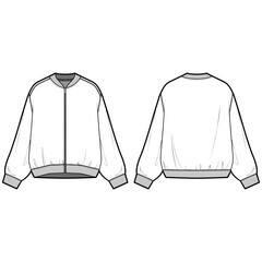 Wall Mural - 
Technical flat sketch of Oversized Bomber Jacket. Front zip up loose fit outer with rib trim and shirring details. 