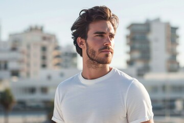 Wall Mural - Portrait of a confident young man wearing a white t shirt looking away while standing in the city on a sunny day