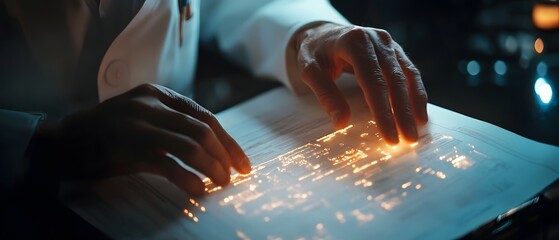 Poster - A close-up of hands manipulating glowing data on a futuristic interface, symbolizing technology and innovation in research.