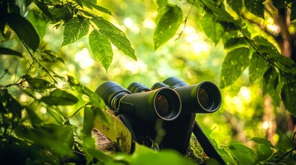 Aufkleber - A vibrant birdwatching expedition in a dense forest, Binoculars and guidebooks set for bird observation, Wildlife discovery style