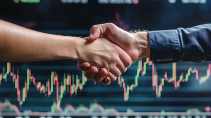 Poster - Dynamic candlestick charts with a faint handshake image at the center representing the financial and business agreements partnerships and that drive market growth and success