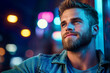 © thanakrit - Handsome Young Man with Beard Smiling in Urban Night Time with Colorful Lights Background