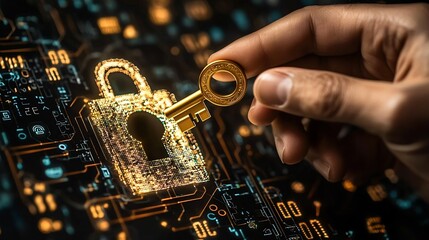 Poster - Entrepreneur inserting a golden key into a futuristic holographic lock system symbolizing innovation opportunity and the unlocking of new possibilities in the digital age