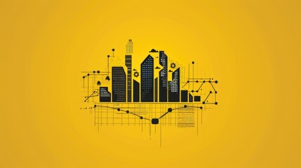A stylized cityscape illustration with digital elements on a bright yellow background.