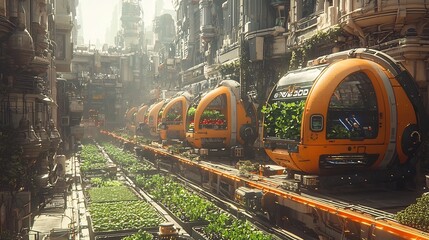 Poster - futuristic cityscape featuring a highly automated urban environment with robotic vertical farming sy