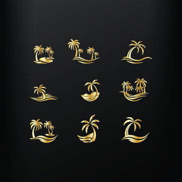 Palm tree wave travel logo set , Wave beach palm logo design icon combination Vector illustration