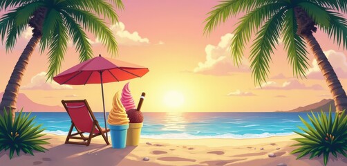  Tropical Sunset Beach Scene with Ice Cream.