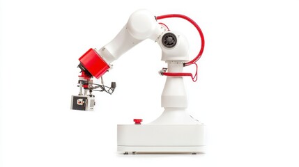 Poster - A robotic arm with a red and white design, featuring a gripper, ideal for automation and precision tasks in industrial applications.