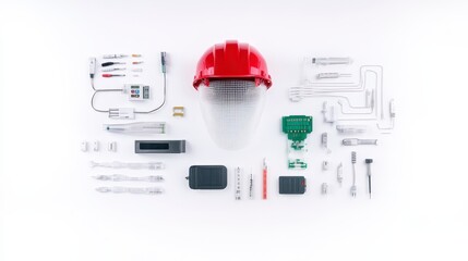 Wall Mural - A collection of safety equipment and tools arranged neatly, featuring a red hard hat, various instruments, and accessories on a white background.