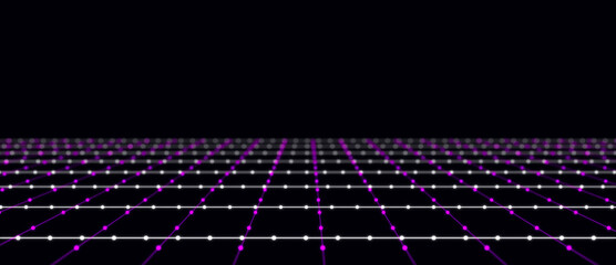 Poster - Abstract grid with pink light on black background. Science background with moving dots and lines. Network connection technology. Digital structure with particles. 3d rendering.