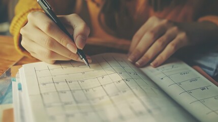 Poster - Close up of a person s hands writing in a planner reviewing completed tasks and planning for the next day. Concept of end of day reflection personal organization and productivity
