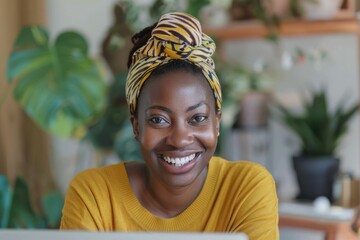 Poster - Portrait of a cheerful young woman wearing a headscarf, working on a laptop in a home office filled with plants