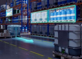 Poster - Fuel company warehouse. Interior of factory storage area. Barrels and IBC on warehouse racks. Lines indicate direction of movement of goods throughout warehouse. Innovative storehouse. 3d image