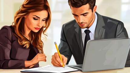 Poster - Businessman filling to do list with pencil and woman with laptop vector illustration.