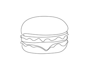 Wall Mural - Continuous one line drawing of burger. One line drawing illustration of hamburger. Junk food, fast food concept single line. Editable outline