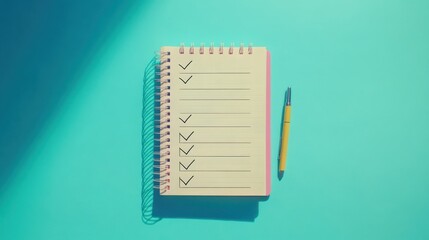 Poster - A clean to-do list notebook with checkmarks, emphasizing organization and productivity against a vibrant turquoise background.