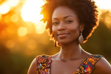 Wall Mural - Radiant portrait captures confidence and beauty against warm sun