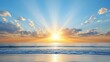 © Premium Illustration - Golden sunrise over calm ocean waves, peaceful morning seascape for travel, relaxation, meditation, beach vacation, vibrant sky with clouds and sun rays, bright natural horizon scenery background