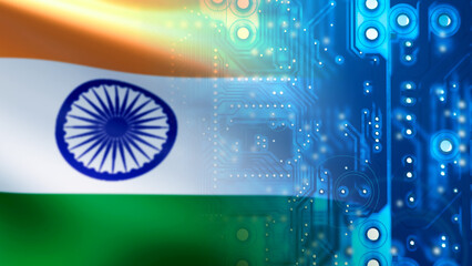 Poster - Computer board. Flag of India. Digital board made in India. PCB close-up. Computer board created at Indian enterprise. Manufacturing of microelectronics in India. PCB with semiconductors. 3d image