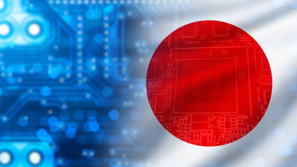 Poster - Computer board. Japanese flag. Manufacture of electronic equipment in Japan. Blue computer board blurred. Japan flag with PCB lines. Computer board close-up. Microelectronics from Japan. 3d image