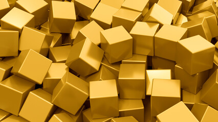 Poster - Gold background. Bunch of shiny cubes. Volumetric squares made of precious metal. Golden decorations. Luxury background. Gold cubes. Tour for precious metal. Golden wallpaper. 3d image