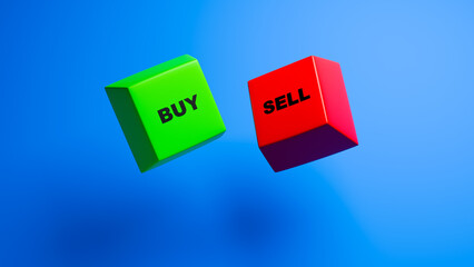 Poster - Buttons for buying or selling. Computer keys for trading. Buy and sell buttons on blue background. Keys for investment commands. Trader background. Investment banner template. 3d image