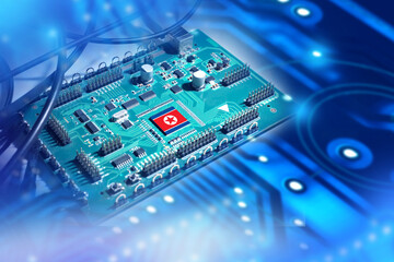 Poster - Digital board. Flag north Korea. Production electronic components for DPRK. Computer board close-up. Microchip made for north Korea. Import microelectronics to DPRK. Semiconductors, microprocessors
